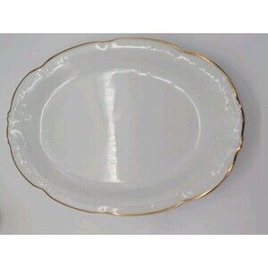 Royal Kent White Oval Serving Platter VTG 13" X 9" Raised Scrolls Gold Poland